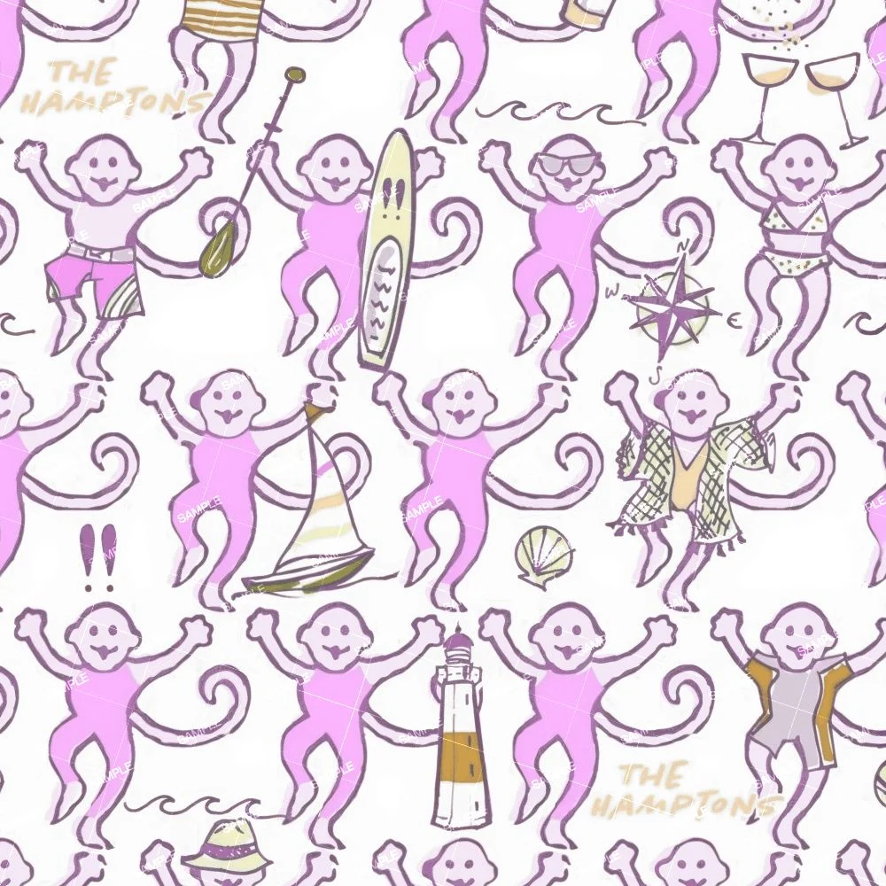 Roller Rabbit The Hamptons Pink pattern of pink cartoon monkeys engaged in beach activities, including surfing, sailing, and holding drinks, interspersed with a lighthouse, a seashell, and the text “The Hamptons.”