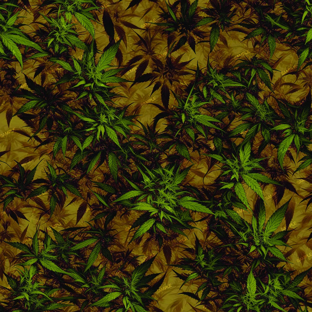 Cannabis Camouflage 45 pattern of green cannabis leaves and buds layered over a dark brown background.