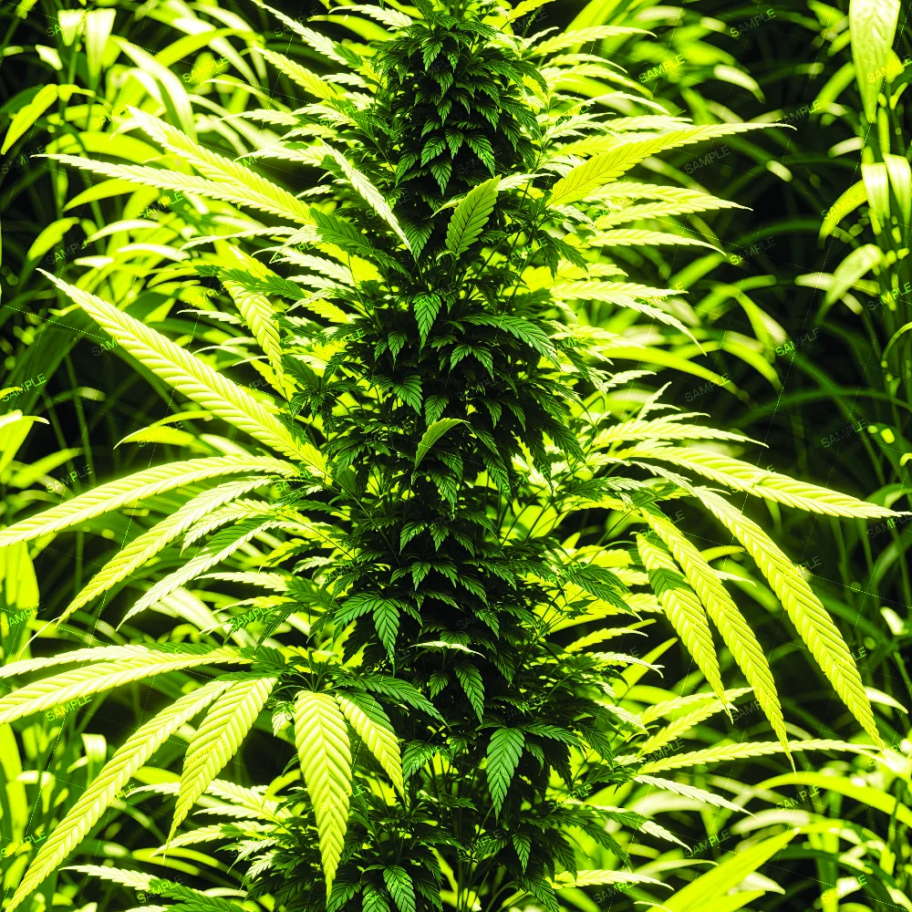 A vibrant green Kush Crop 42 cannabis plant with serrated leaves and a dense central flowering bud.