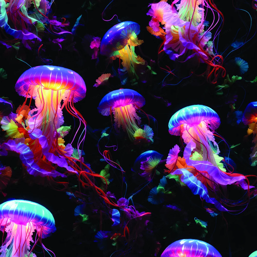 Neon Jellyfish 42: multiple glowing jellyfish with bright blue, purple, and orange tentacles floating against a black background.