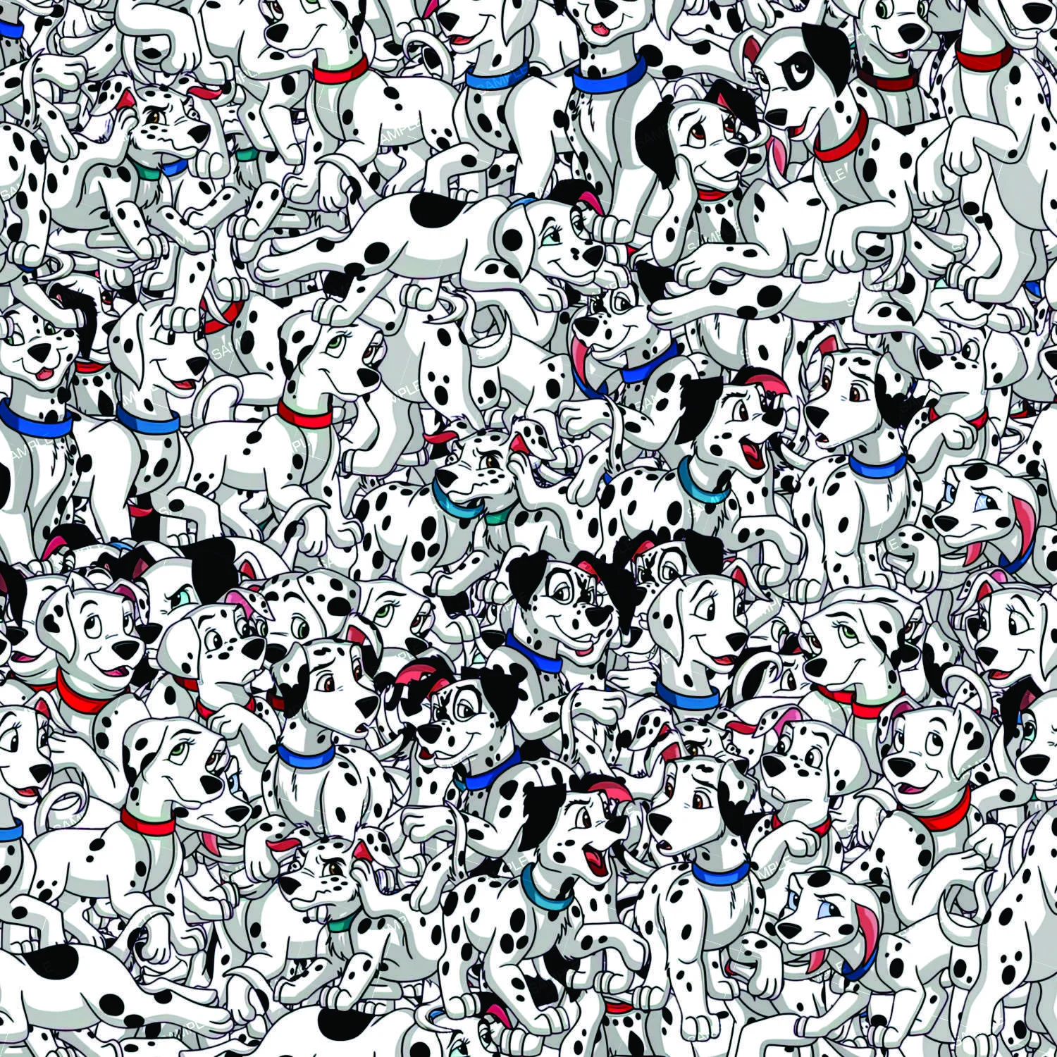 A dense pattern of many illustrated Dalmatian puppies wearing colorful collars in the 101 Dalmations 23 design.