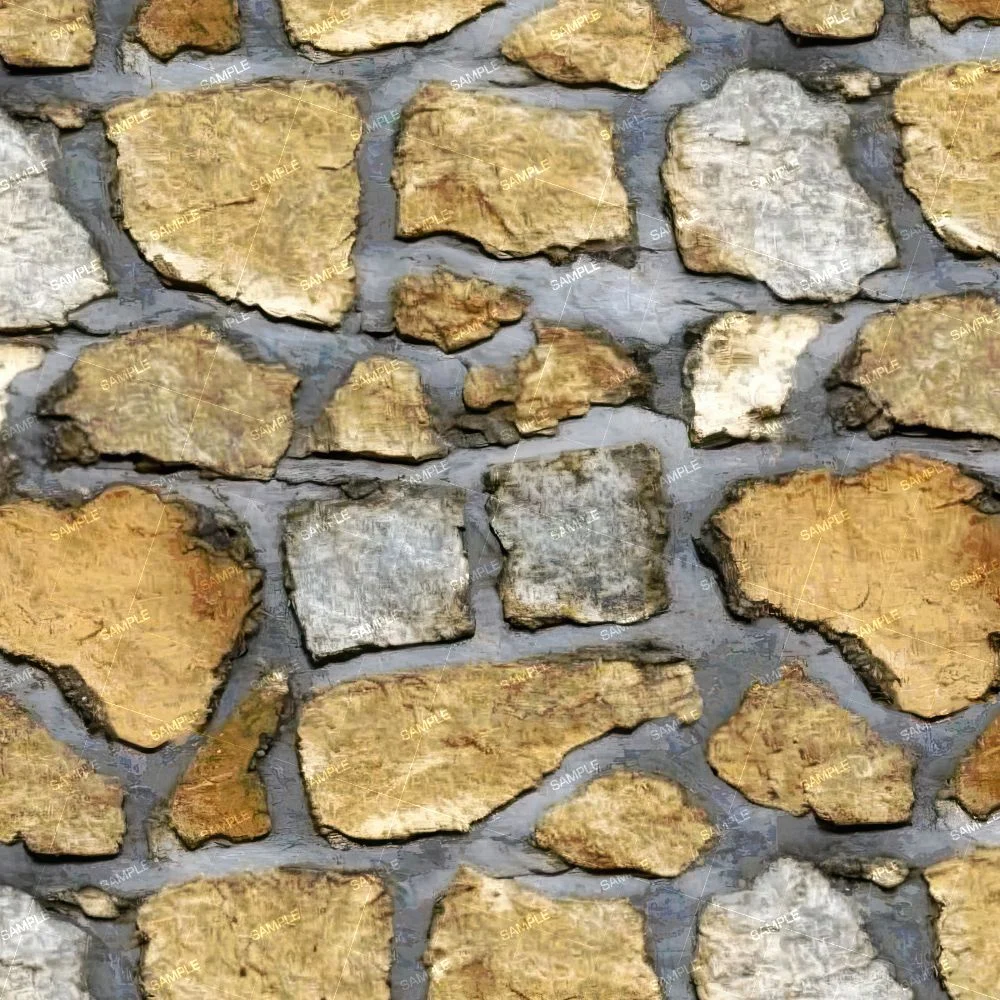 China Stone Wall 42, featuring a wall made of irregular tan and grey stones set in dark mortar.