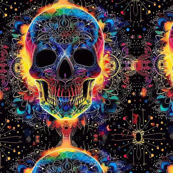 Weapons Wings pattern of skulls decorated with intricate, colorful neon mandala designs against a black background with scattered dots.