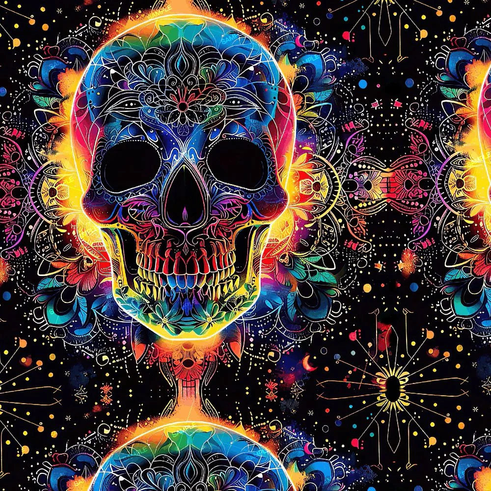 Weapons Wings pattern of skulls decorated with intricate, colorful neon mandala designs against a black background with scattered dots.