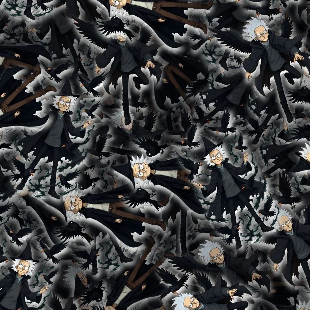 Repeating pattern of Raven Rick 22, an animated character with spiky white hair wearing a long black coat and a pointed hat, surrounded by black ravens.