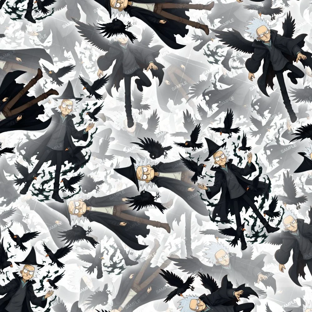 Pattern of the Raven Rick 23 animated character with spiky white hair, wearing a dark coat and pointed hat, surrounded by flying black ravens against a white background.