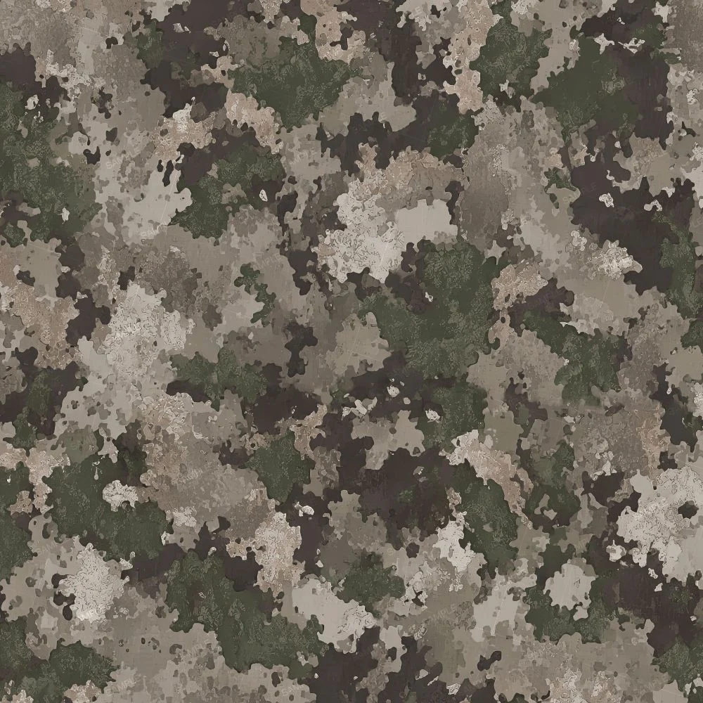 Tactical Camouflage 121 fabric featuring a mottled camouflage print in shades of olive green, charcoal, and light gray.