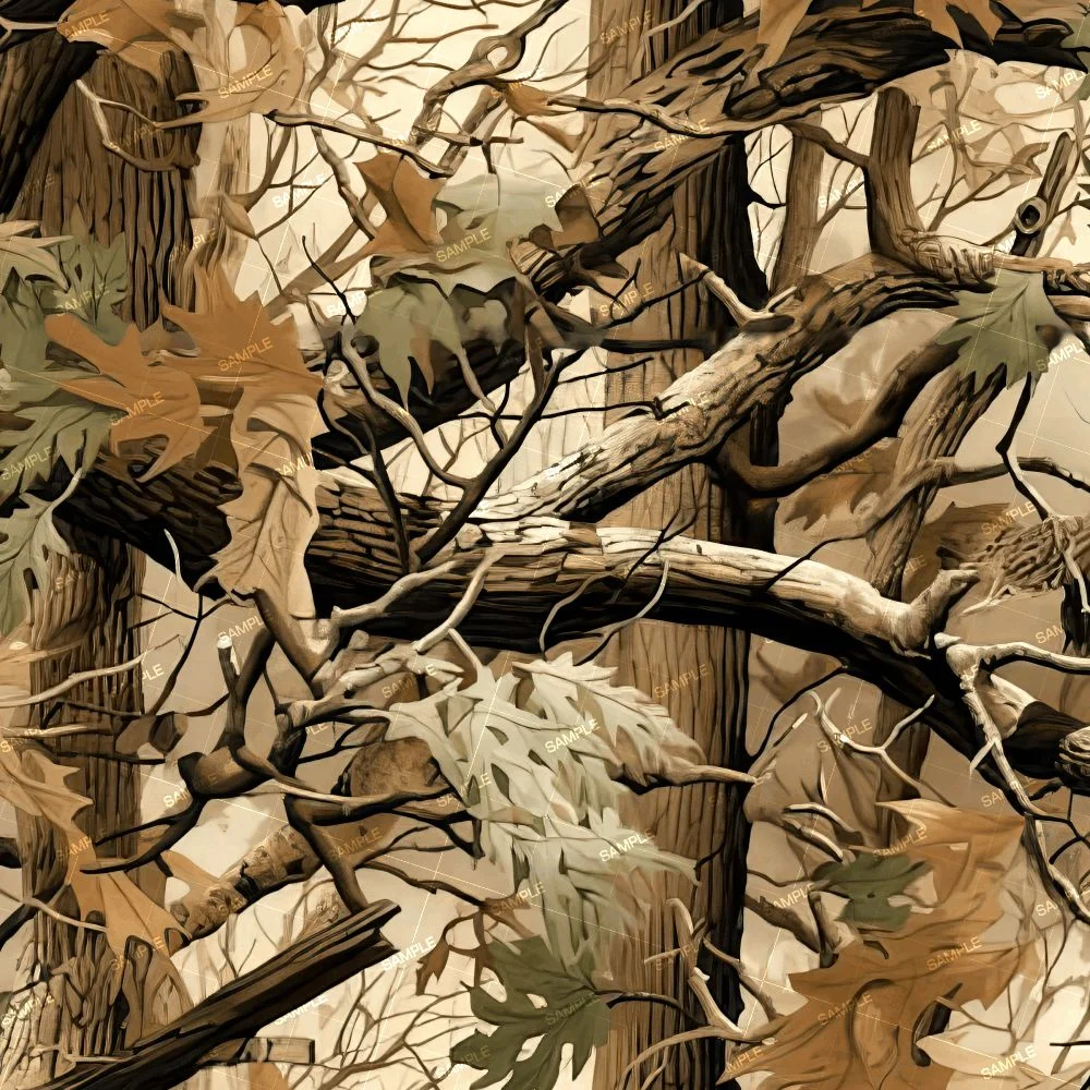 Generic Tree Camouflage 48 pattern featuring a repeating design of tree trunks, branches, and autumn leaves in shades of tan and brown.