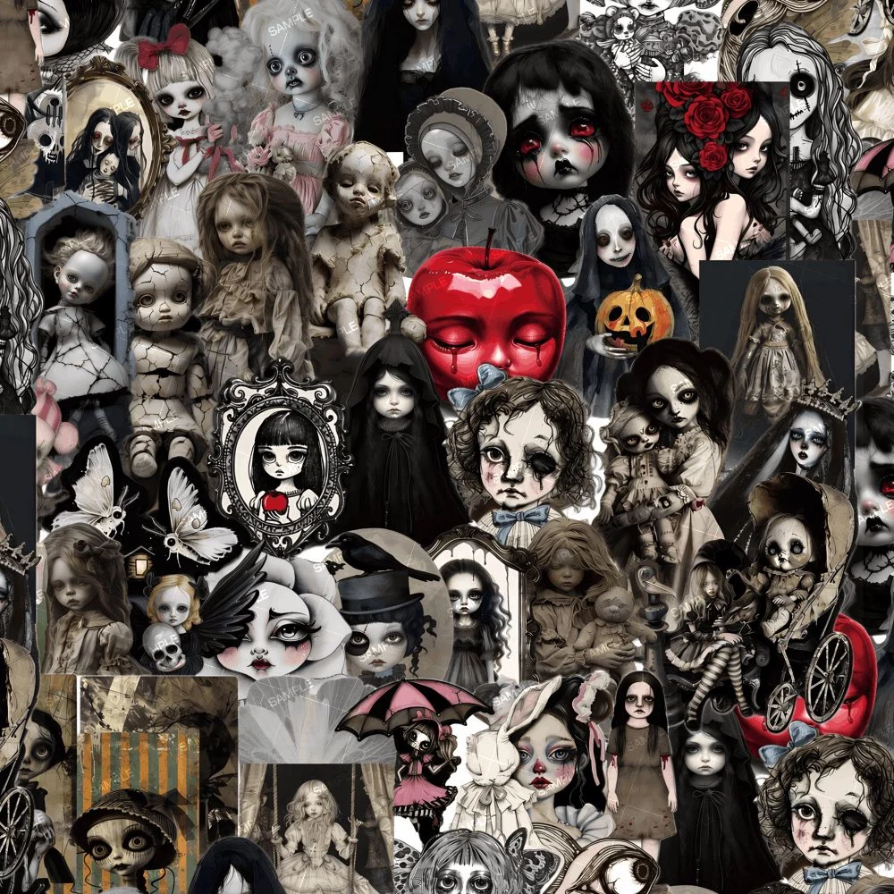 A collage of Horror Dolls 22 illustrations, featuring diverse gothic-style pale figures in dark clothing with roses and macabre elements.