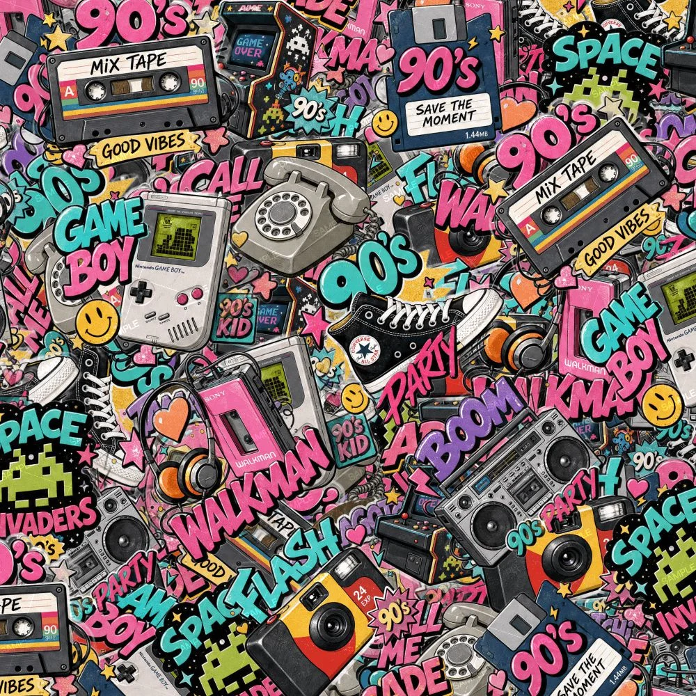 90s Party Stickers collage featuring cassette tapes, portable game consoles, rotary phones, sneakers, boomboxes, and cameras, layered with colorful typography.