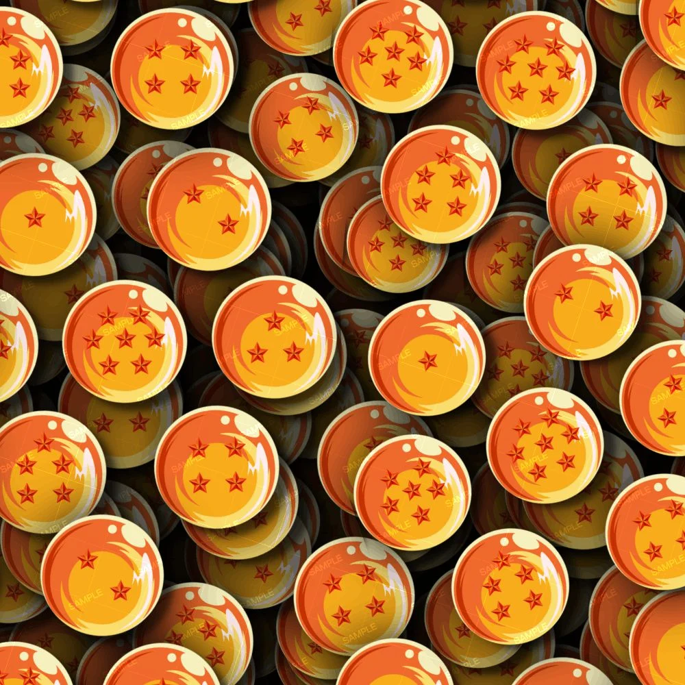 A pattern of orange, spherical DBZ Dragon Balls, each featuring a different number of red stars.