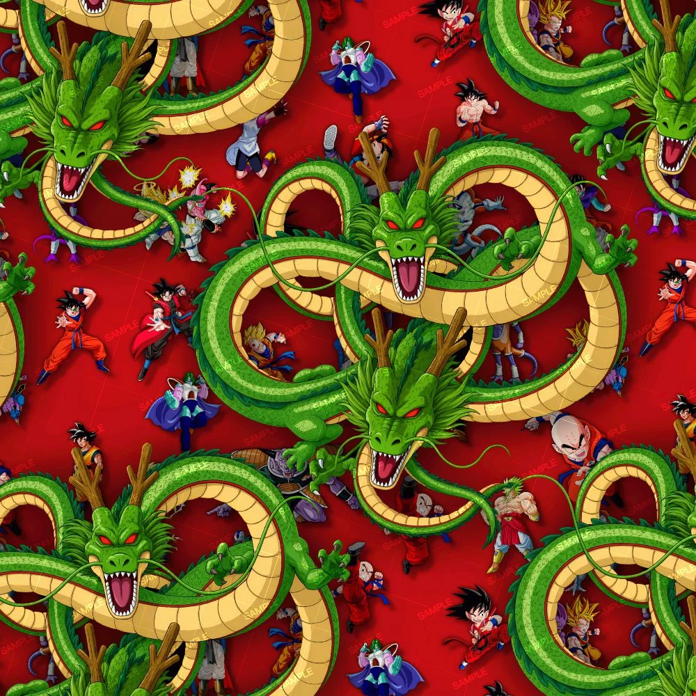 A repeating pattern of green Shenron dragons and various anime characters from DBZ Shenron 20 on a red background.
