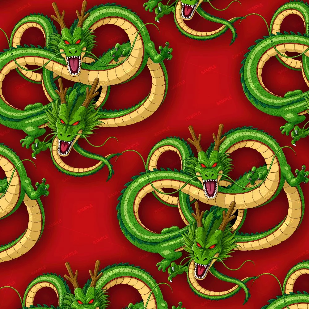Repeating pattern of a long, green DBZ Shenron 21 serpentine dragon with red eyes and golden horns on a red background.