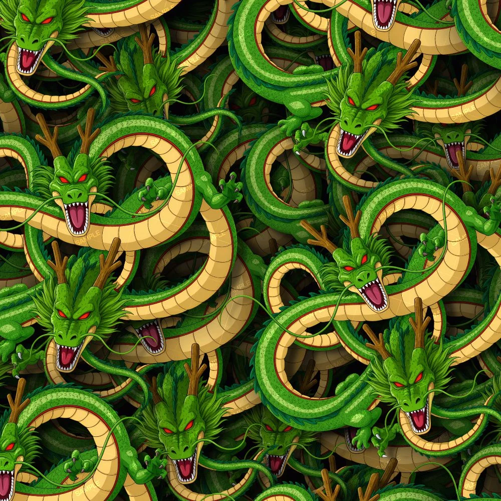 A repeating pattern of DBZ Shenron 22 green, serpentine dragons with red eyes, sharp teeth, and tan bellies.