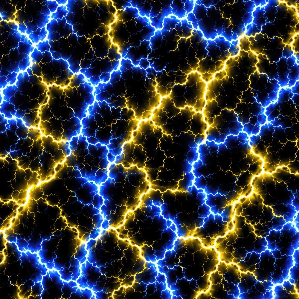 Blue and Yellow Lightning pattern of interconnected blue and yellow lightning bolts on a black background.