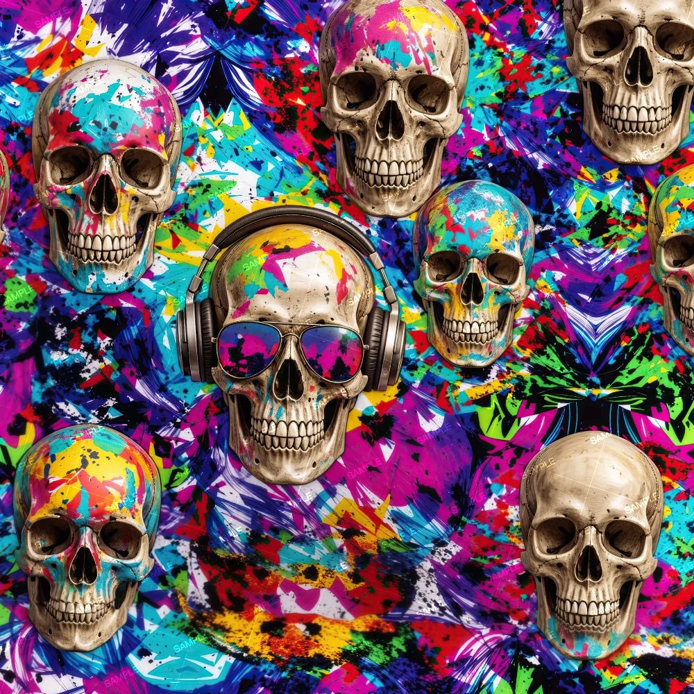 Skulls on LSD Trip pattern of human skulls over a vibrant, multicolored paint-splatter background, with one central skull wearing headphones and sunglasses.