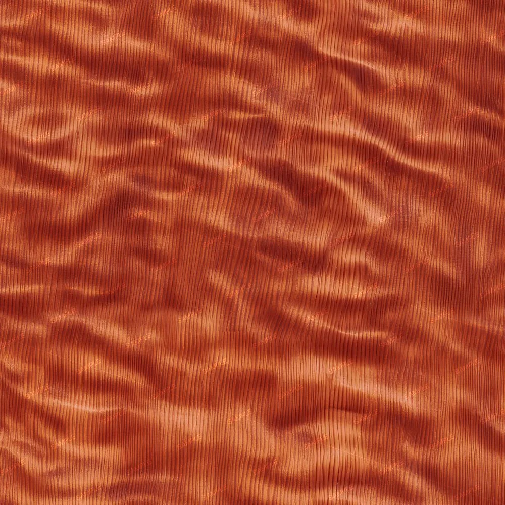 Close-up of Curly Maple Woodgrain 45, featuring reddish-brown wood grain with a rippled, wavy pattern.