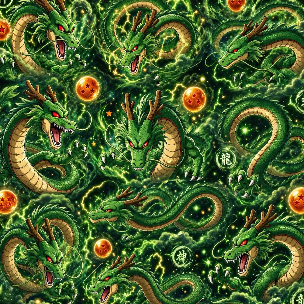 DBZ Shenron 24 repeating pattern featuring green dragons with red eyes, glowing green energy, lightning, and orange star-marked dragon balls on a dark background.