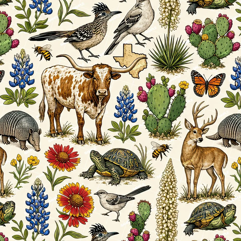 Native Texans 42 pattern featuring Texas wildlife and flora, including a longhorn, deer, armadillo, tortoise, roadrunner, bluebonnets, cacti, and butterflies.