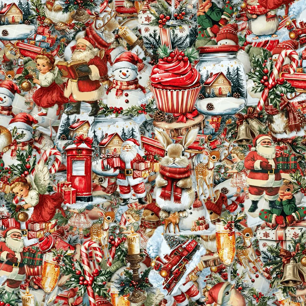 Christmas Icons 22 collage of illustrations featuring Santa Claus, a snowman, a cupcake, reindeer, angels, a red mailbox, presents, and festive greenery.