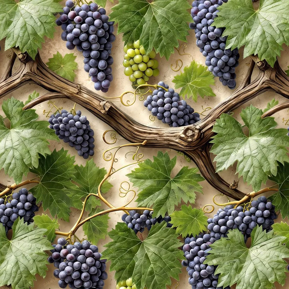 Grapevine Collage 43 pattern of grapevines with clusters of purple and green grapes and green leaves against a textured beige background.