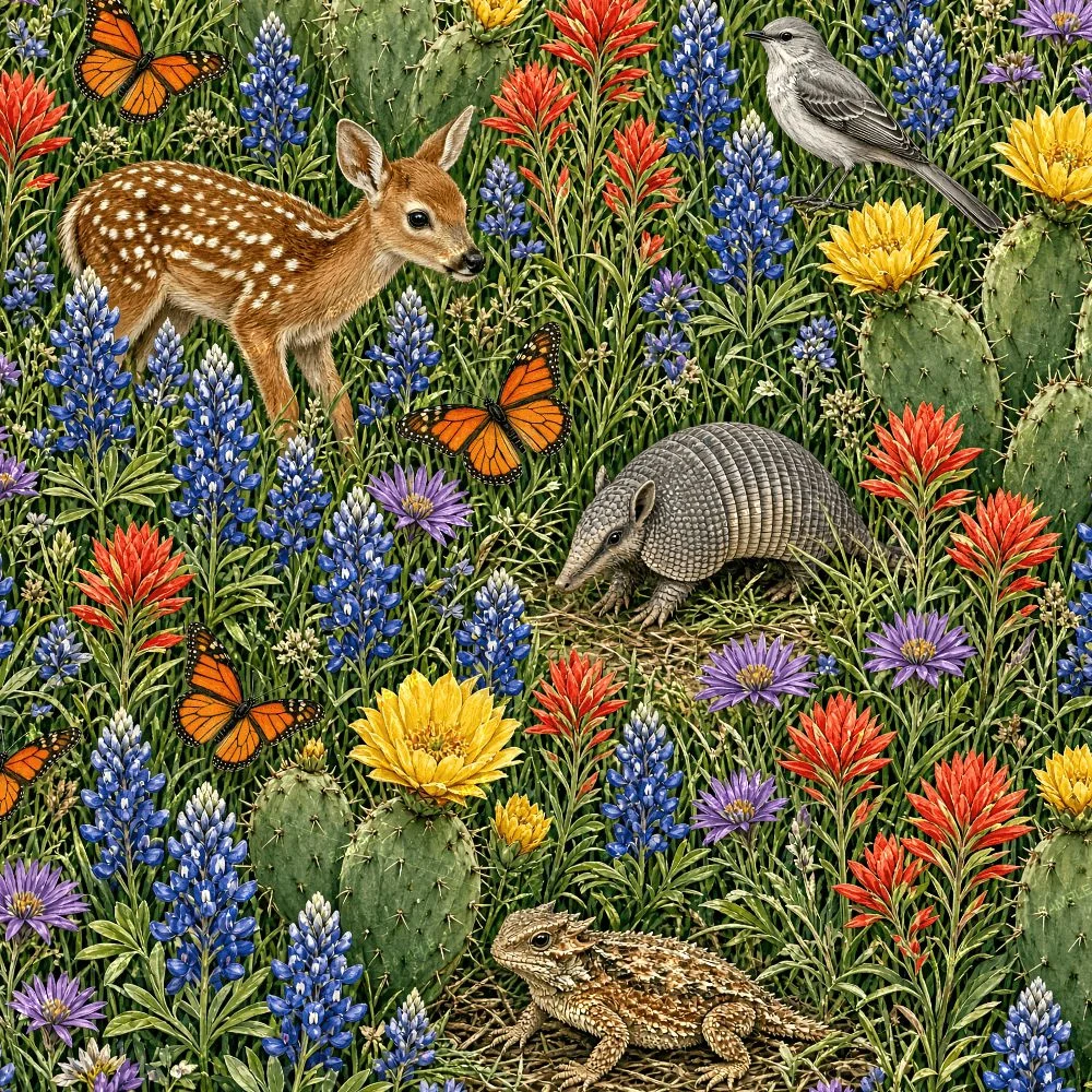 Texas Wildlife 42 features a fawn, an armadillo, a horned lizard, a bird, and monarch butterflies among bluebonnets, Indian paintbrushes, and blooming cacti.