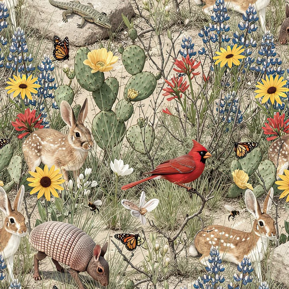 Texas Wildlife 44 pattern featuring rabbits, an armadillo, a cardinal, a lizard, and butterflies among cacti, wildflowers, and shrubs.
