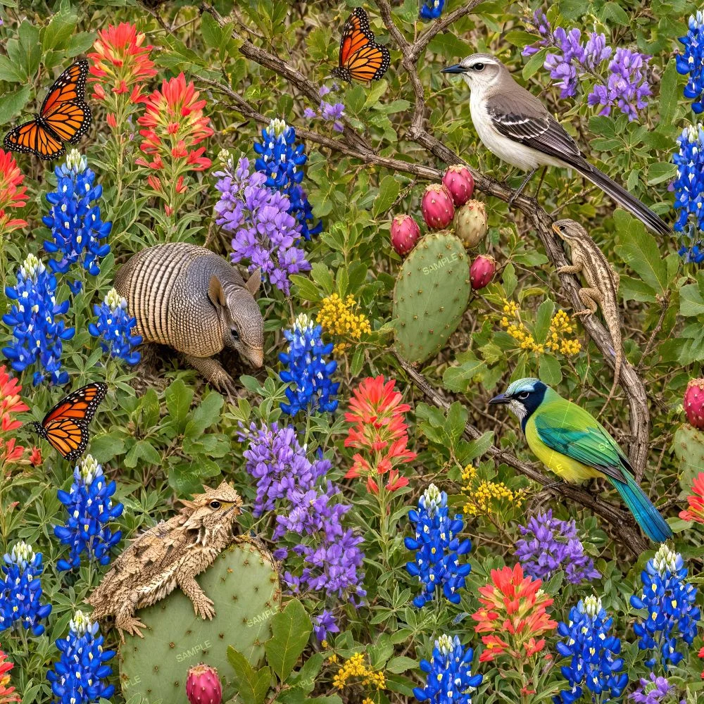 Texas Wildlife 46 features an armadillo, a horned lizard, two songbirds, and two monarch butterflies situated among bluebonnets, Indian paintbrush, and a prickly pear cactus.