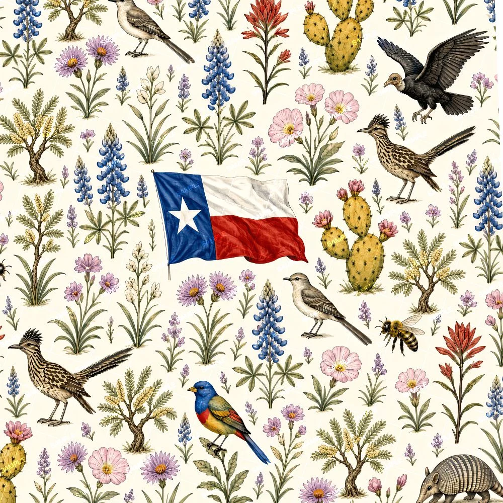 Native Texans 43 pattern featuring illustrations of the Texas state flag surrounded by native wildflowers, cacti, birds including a roadrunner and vulture, a bee, and an armadillo.