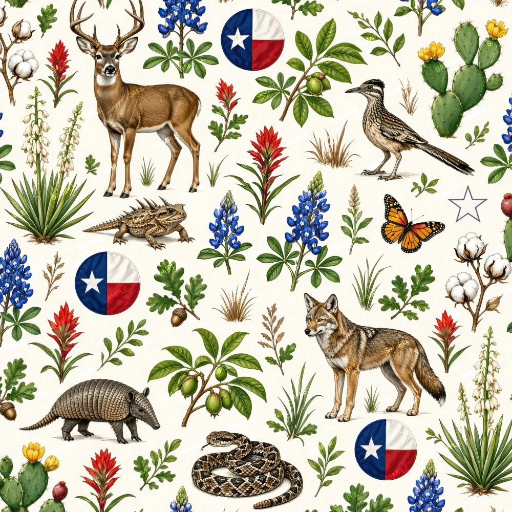 Native Texans 44 pattern featuring a white-tailed deer, roadrunner, coyote, armadillo, horned lizard, snake, bluebonnets, cacti, cotton, and Texas state flag emblems.