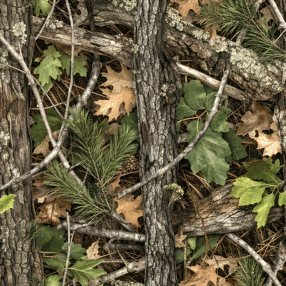 Tactical Camouflage 457 forest floor pattern featuring tree bark, pine branches, and oak leaves.