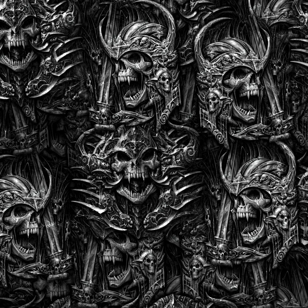 Neon Sugar Skulls 42 (Copy) graphic featuring intricate, black-and-white patterned skulls wearing ornate, spiky Viking-style helmets and swords.