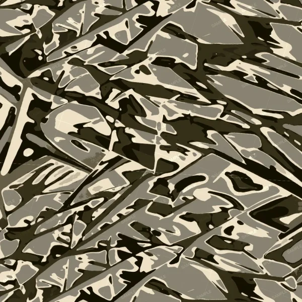 New Age Camouflage abstract pattern in shades of olive, beige, and dark gray with angled, geometric shapes.