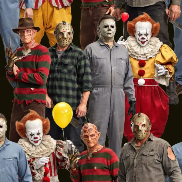 Horror Movies 42 collage featuring Freddy Krueger with a clawed glove, Jason Voorhees in a hockey mask, Michael Myers in a white mask, and Pennywise the clown.