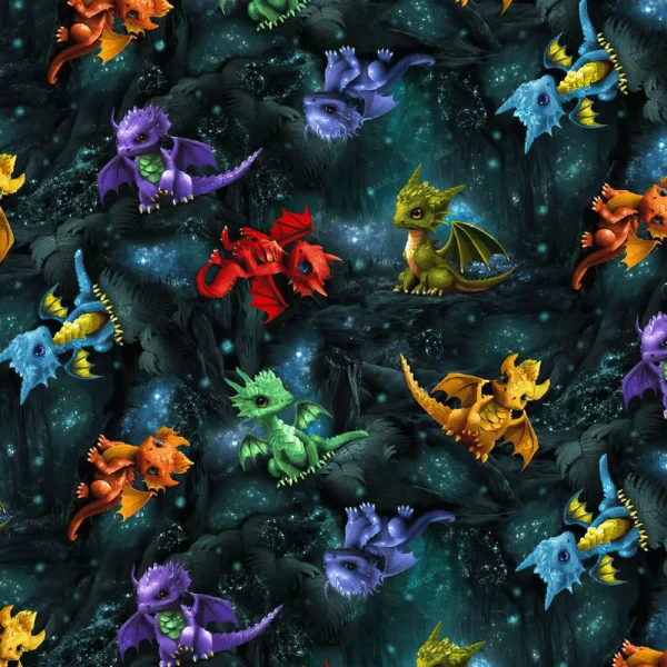 Pattern featuring Chinese Moon Demon 24 colorful cartoon dragons in various poses against a dark, starry background.