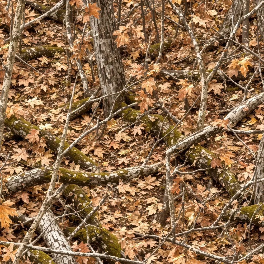 Tactical Camouflage 480 pattern featuring a dense, realistic forest floor covered in fallen brown leaves, mossy branches, and tree trunks.