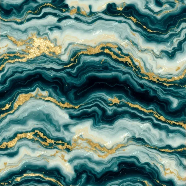 Travertine Marble with Gold Inclusions featuring a teal, white, and dark blue marbled pattern with veins of metallic gold.