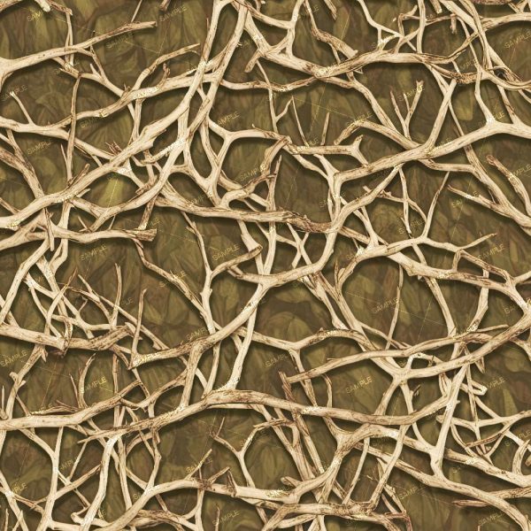 Tactical Camouflage 249 pattern featuring a tangled overlay of bleached deer antlers against a mottled green and brown forest floor background.