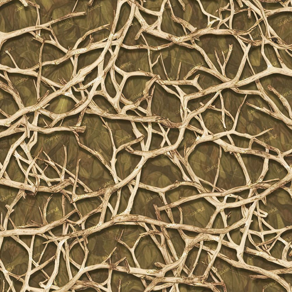 Tactical Camouflage 249 pattern featuring a tangled overlay of bleached deer antlers against a mottled green and brown forest floor background.