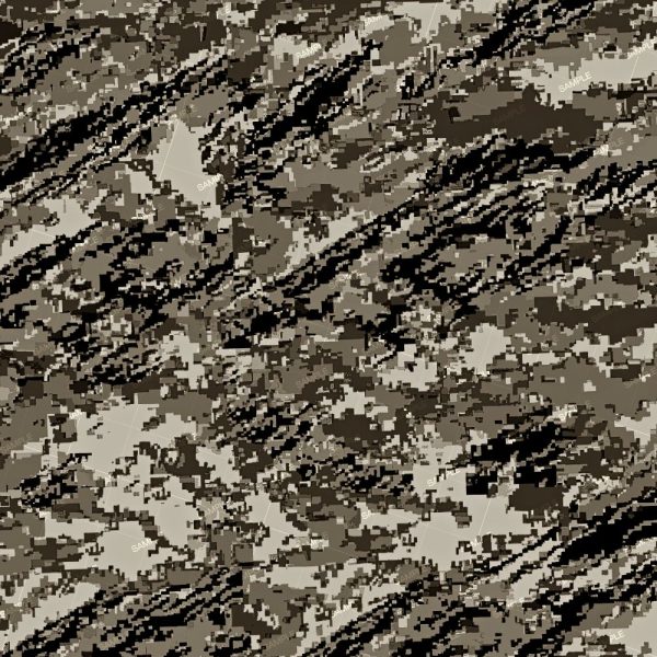 Tactical Camouflage 471 features a digital camouflage pattern in various shades of brown, tan, black, and gray, forming an abstract, pixelated design commonly used in military uniforms for effective concealment in natural environments.