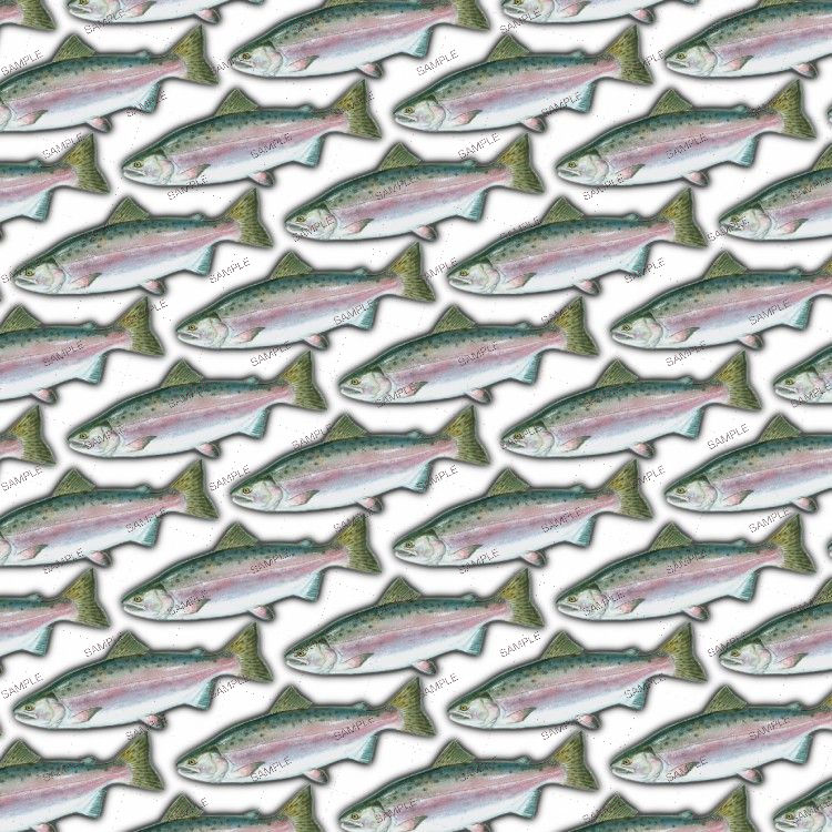 A repeating pattern of Pink Salmon 22 swimming diagonally across a white background.
