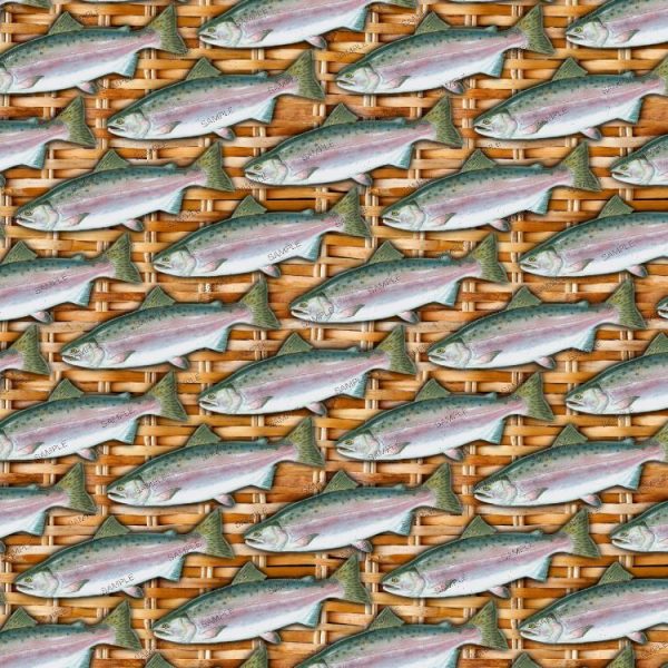 A repeating pattern of salmon over a light brown woven basket background in the Pink Salmon Basket Weave design.