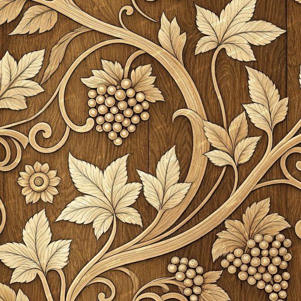 Floral Marquetry 42 (Copy) features intricate wood carving with grapevines, clusters of grapes, leaves, and curling stems on a brown wooden surface, showcasing detailed craftsmanship and natural patterns.