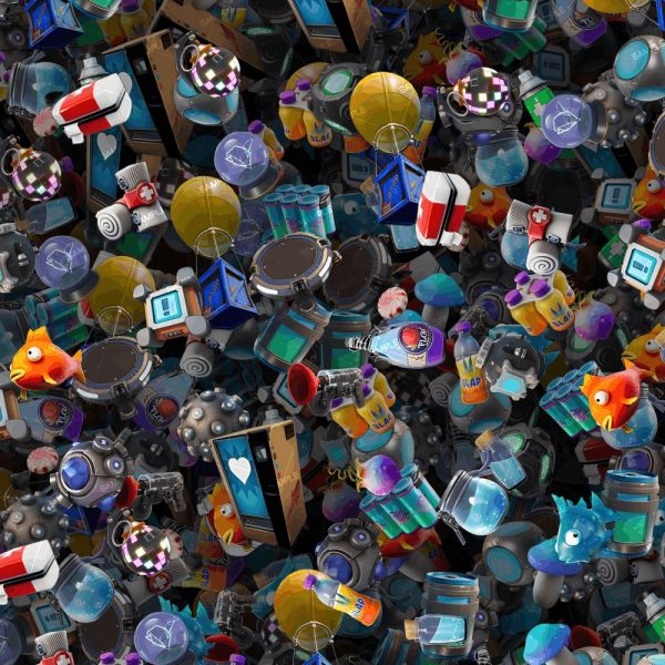 A pattern of assorted cartoon-style video game items from Fortnite Essentials 22, shown as a flat sheet and applied to a motorcycle fuel tank, a tumbler, and a hard hat.