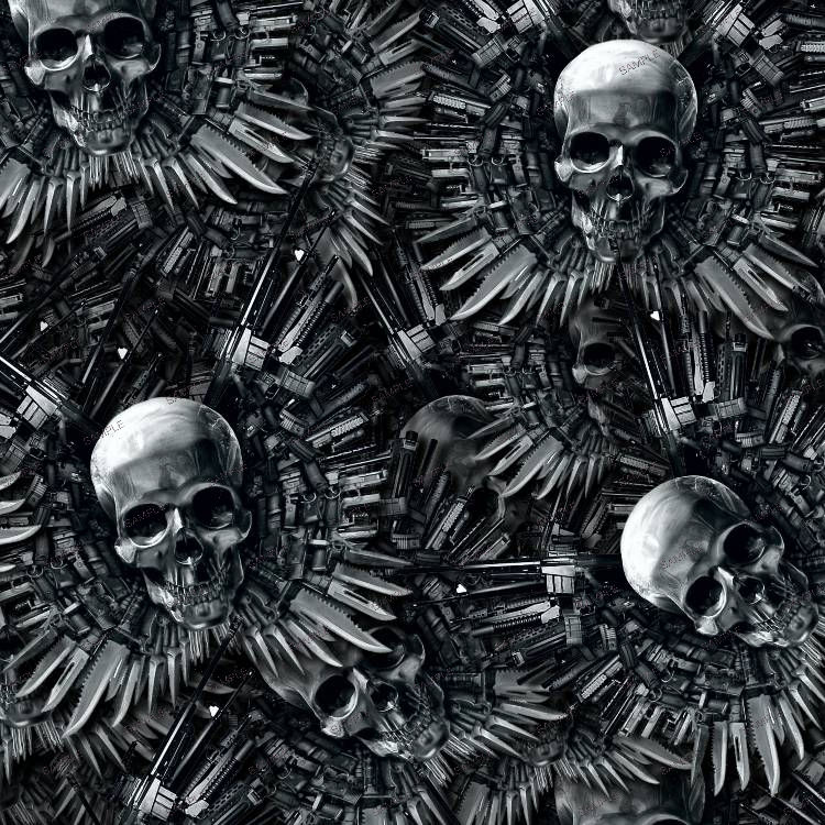 Pattern featuring human skulls surrounded by overlapping knives and firearms.