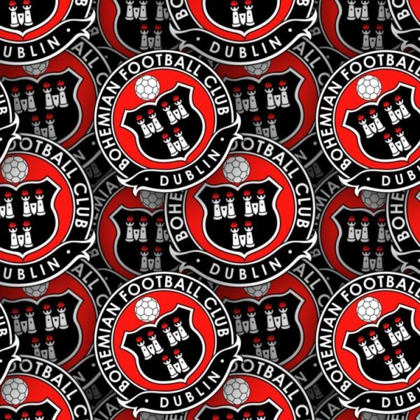 Repeating pattern of the Bohemian Football Club Dublin crest, featuring a shield with three torches and a soccer ball on a red and black background.