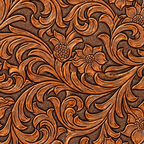 Tooled Leather 66 in brown leather embossed with a repeating pattern of scrolling leaves and stylized flowers.