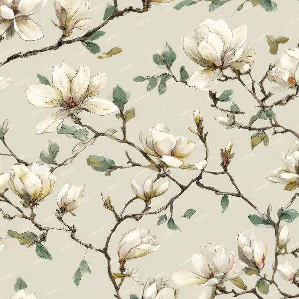 Pattern of Magnolia Flowers and Branches featuring white flowers, green leaves, and dark branches on a pale beige background.