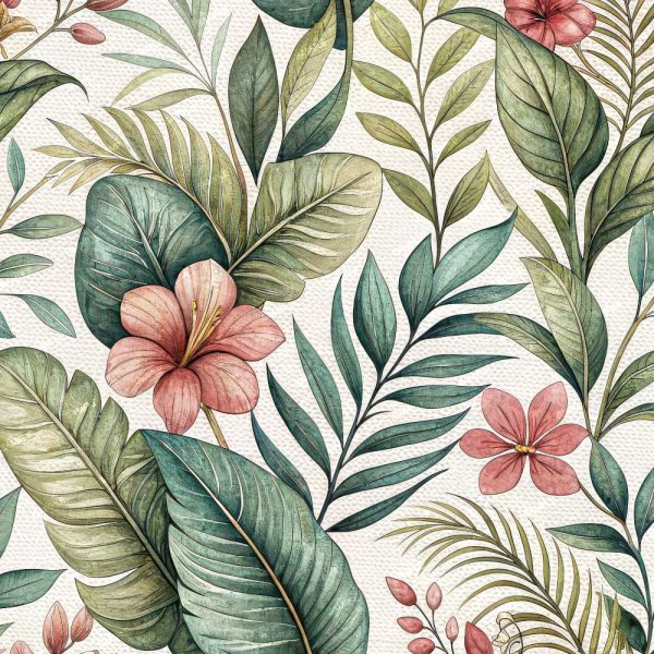 Magnolia Flowers and Branches (Copy) botanical pattern featuring pink flowers, green tropical leaves, and palm fronds on a textured off-white background.