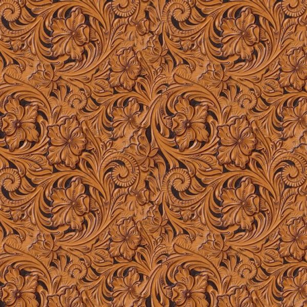 Tooled Leather 26 in tan leather with an embossed pattern of intricate floral scrolls and vines.